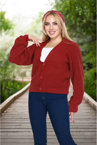 FLEX FASHION Women's Trend Popular Knitted Colorful String Detail Bordo Short Knitwear Cardigan