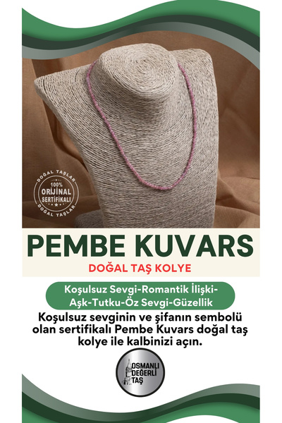 OSMANLI DEĞERLİ TAŞ Sertifikalı Pembe Kuvars Doğal Taş Kolye