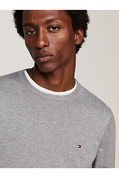 Tommy Hilfiger Erkek Marka Logolu Organik Pamuklu Günlük Kullanıma Uygun Gri Kazak MW0MW14748 P4A