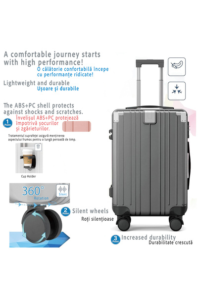 Quasar & Co. Troler mediu 66x45x26cm, bagaj cala,troller cu cifru, geamantan 4 roti,valiza ABS,suport pahar, gri