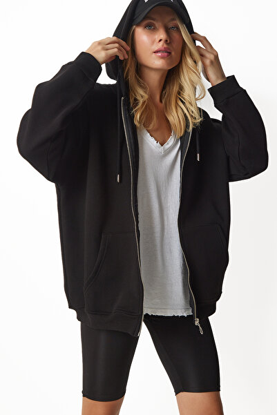 Lovelyİstanbul Μαύρο φούτερ με κουκούλα με φερμουάρ - LUB0002