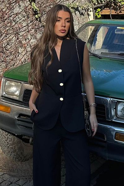 VAGGON Double Pockets Buttoned Vest Pants Bottom Top Set