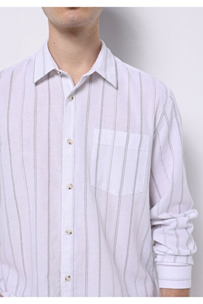 Colin's Regular Fit Shirt Neck Çizgili Erkek Keten Karışımlı Beyaz Uzun Kol Gömlek