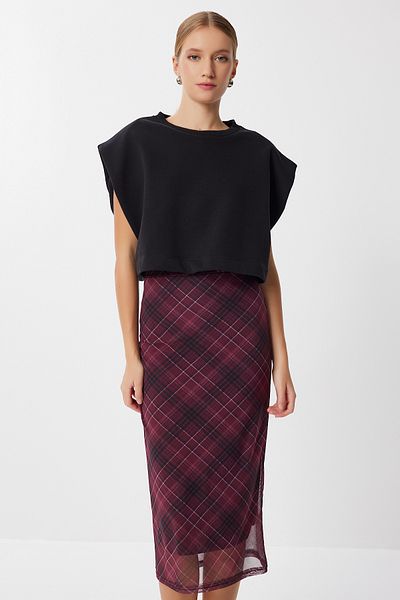 Lovelyİstanbul Checkered Tulle Woven Skirt Lub0069 Bordo Black