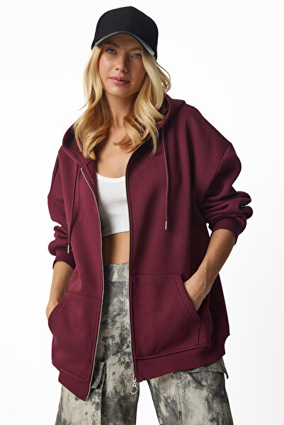 Lovelyİstanbul Hanorac oversize roșu Claret cu glugă - cu fermoar LUB0002