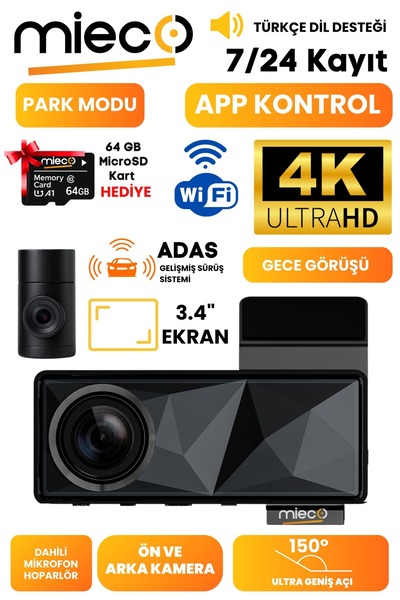 Mieco A11 Wifi/ 4K UHD/ 150° Ultra Geniş Açı/ GPS/ ADAS/ Ön+Arka Araç Kameras...
