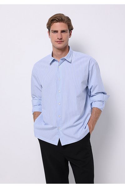 Colin's Boxy Fit Shirt Neck Striped Men's Blue Long Sleeve Shirt