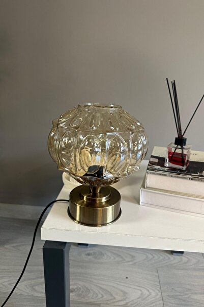 Bamyum Şila Cam Bal Rengi Y Piramit Masa Lambası Dekoratif Masaüstü Aydınlatm...