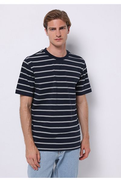 Colin's Comfort Fit Round Neck Striped Men's Navy Blue Short Sleeve T-Shirt