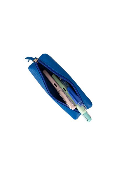 PLM Real Leather Pencil Case, Handmade Zippered Case, Sea Blue