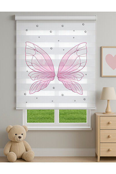Home Pembe Kelebek Kanadı Desenli Baskılı Zebra Stor Perde – Kız Çocuk Odası İçin