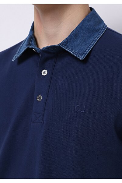 Colin's Regular Fit Polo Neck Plain Men's Blue Knitted Pocketless Short Sleeve T-Shirt