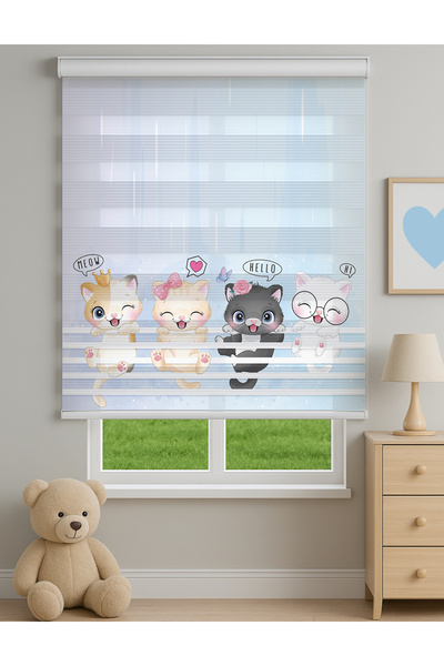 Home Sevimli Kedi Karakterli Dijital Zebra Stor Perde – Renkli ve Eğlenceli T...