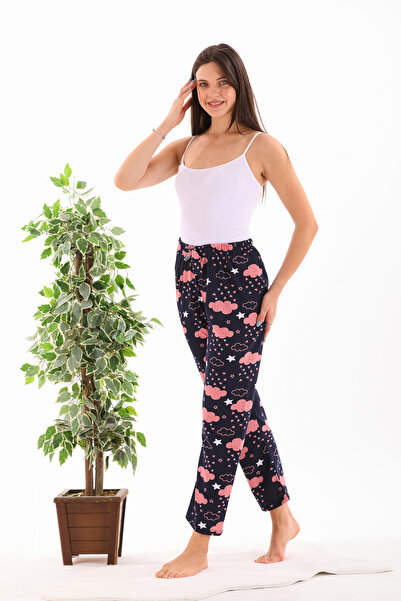 Arvin Pijama Kadın Lacivert Bulut Baskılı Kurdeleli Pijama Altı