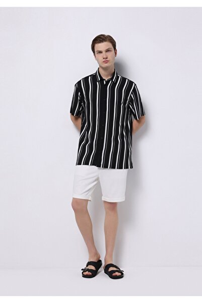 Colin's Regular Fit Shirt Neck Çizgili Erkek Siyah Kısa Kol Gömlek