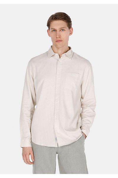Colin's Relaxed Fit Shirt Neck Plain Men's Linen Blend Beige Long Sleeve Shirt