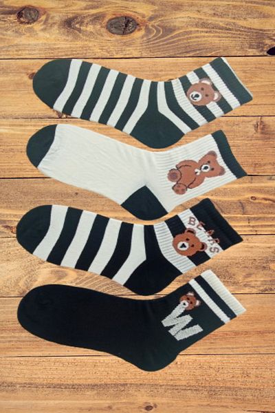Esinti Women's Men's College & Sneaker Compatible Teddy Bear Socks - 4 Pairs of Cotton Patterned Socks