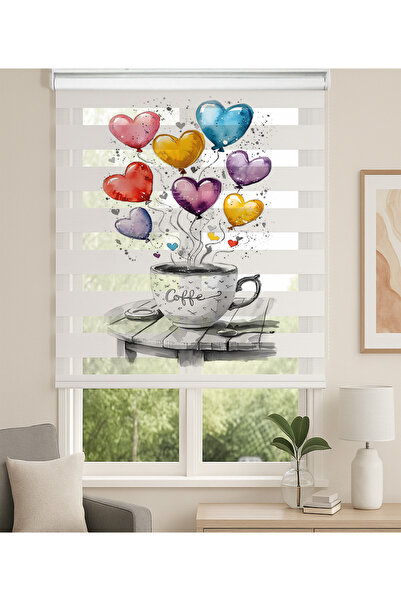Home Renkli Kalp Balonlu Kahve Kupası Baskılı Zebra Stor Perde – Neşeli ve Sı...