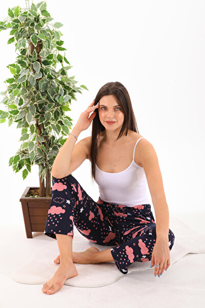 Arvin Pijama Kadın Lacivert Bulut Baskılı Kurdeleli Pijama Altı