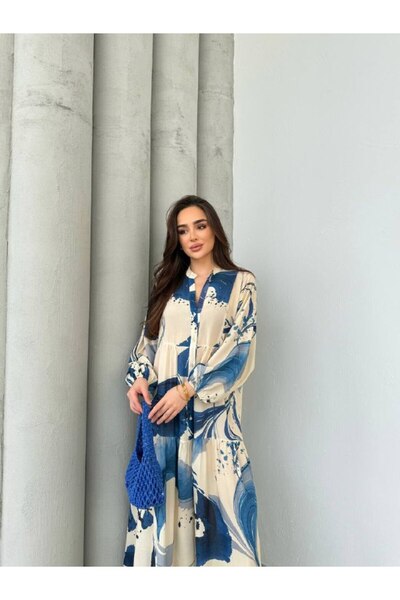 PREMİER VİE Hijab New Season Μπλε Χρώμα Φόρεμα Βισκόζης