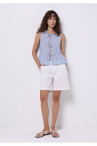 Colin's Slim Fit V Yaka Çizgili Kadın Mavi Kolsuz Gömlek