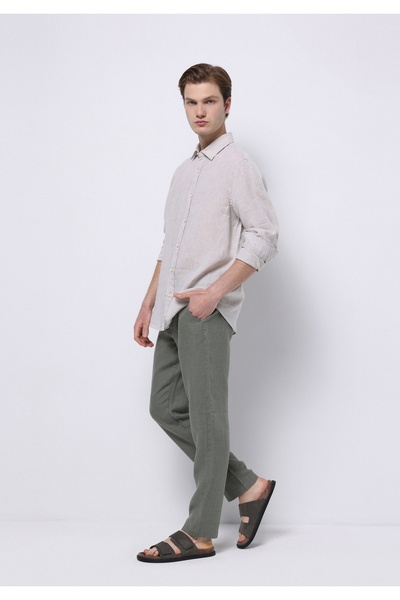 Colin's Regular Fit Shirt Neck Düz Erkek Keten Bej Uzun Kol Gömlek