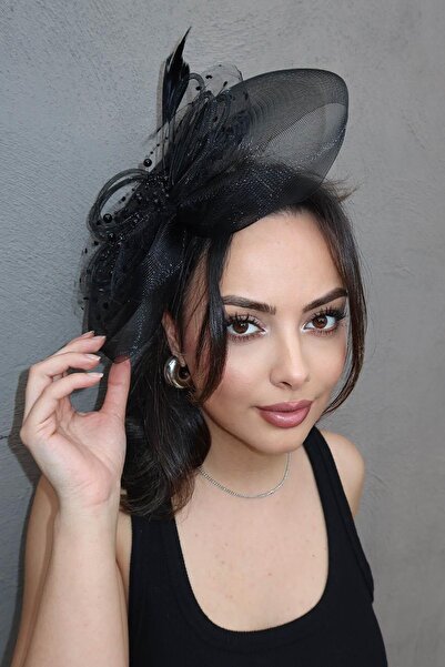 TAKIŞTIR Black Color Feather Detailed Wedding Hat/Voile Hat