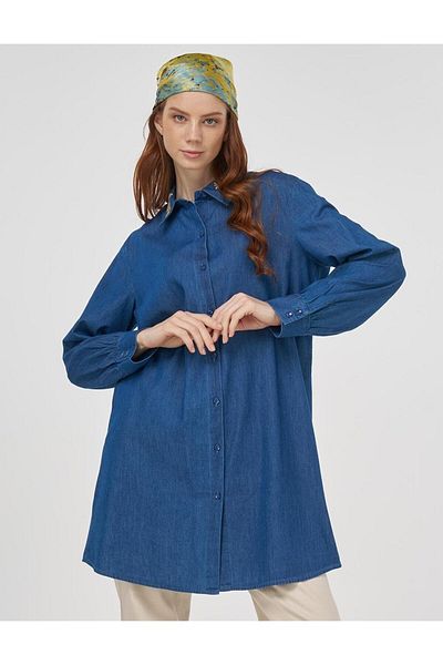 Kayra 100% Cotton Collar Embroidered Tunic Ka-B25-21134 - Indigo