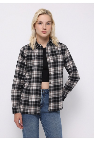 Colin's Regular Fit Shirt Neck Ekoseli Kadın Siyah Uzun Kol Gömlek