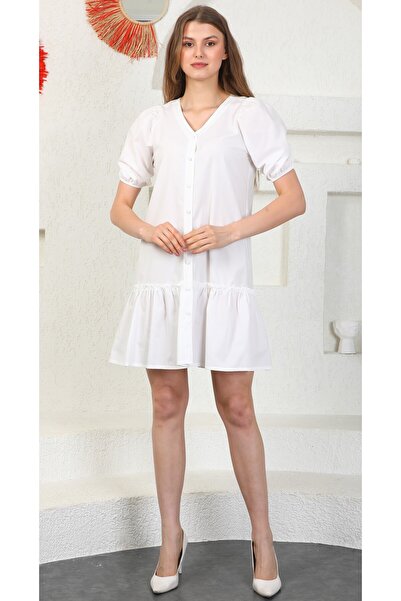 Miss Allos Rochie de damă, albă, cu nasturi, cu decolteu în V, cu mâneci bufa...