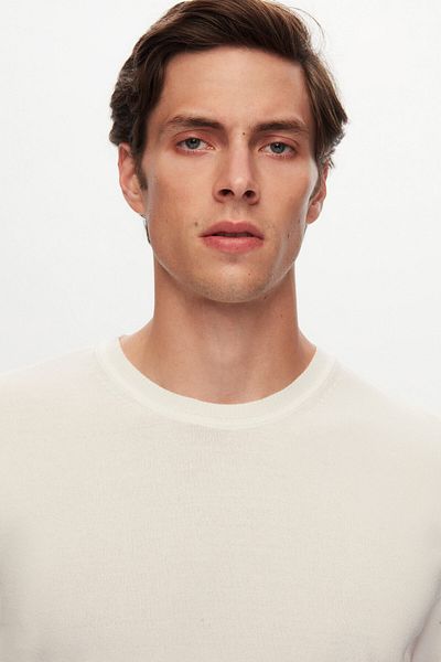 Twn Slim Fit Ecru Plain Knit Summer Rayon Knitwear T-Shirt