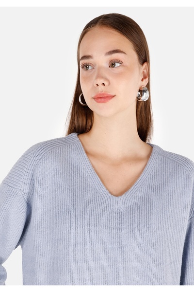 Colin's Regular Fit V Yaka Düz Kadın Mavi Kazak
