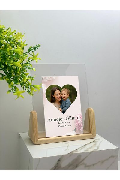 NO:ON AHŞAP Mother's Day Solid Handmade Pine Plexiglass Photo Frame (with Card)