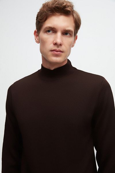 D'S Damat Ds Damat Regular Fit Brown Plain Knit Half Fisherman Wool Knitwear Sweater