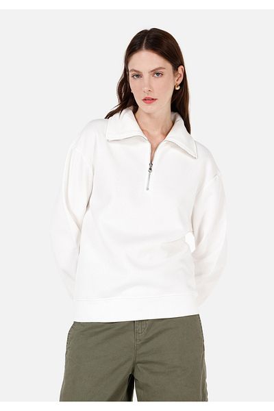 Colin's Regular Fit Zippered Embroidered Women's White Sweatshirt