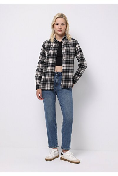 Colin's Regular Fit Shirt Neck Ekoseli Kadın Siyah Uzun Kol Gömlek