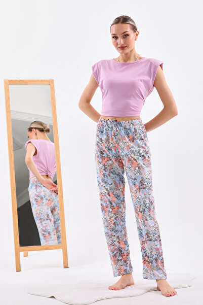 Arvin Pijama Kadın Çiçek Desenli   Pamuklu Pijama Altı Turuncu