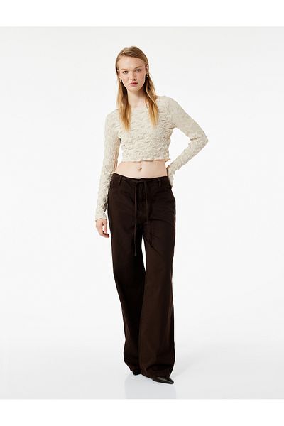 Koton Long Sleeve Textured Boat Neck Slim Fit Crop T-Shirt