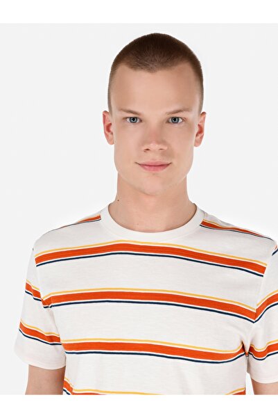 Colin's Regular Fit Bisiklet Yaka Çizgi Desenli Beyaz Erkek Kısa Kol Tişört