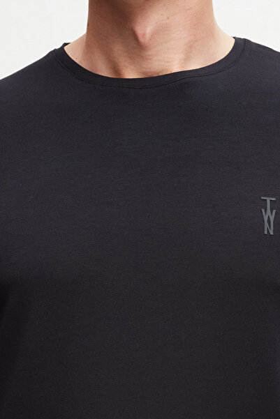 Twn Slim Fit Navy Blue Plain Logo Εκτυπωμένο Stretch βαμβακερό μπλουζάκι