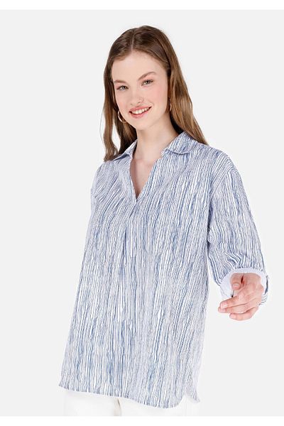 Colin's Regular Fit Shirt Collar Roll-Up Sleeve Striped White Women's Long Sleeve Shirt