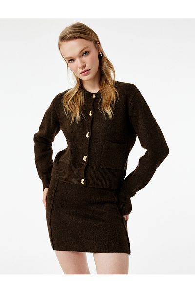 Koton Long Sleeve Crew Neck Pocket Detailed Buttoned Cardigan