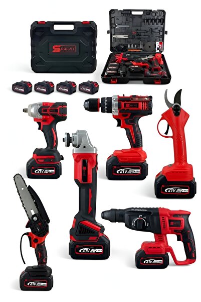 Solvit Şarjlı Somun Sökme&Kırıcı Delici&Matkap&Avuç Taşlama&Budama Testeresi&Budama Makası 6'Lı Set