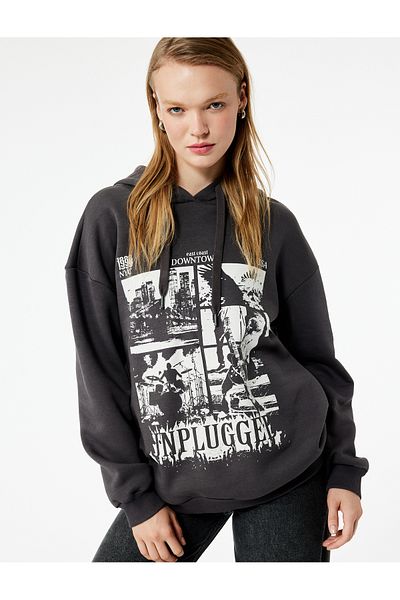 Koton Raised Long Sleeve Hooded Printed Oversize Sweatshirt