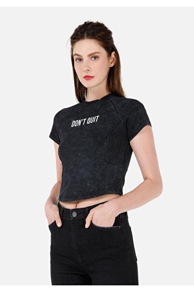 Colin's Slim Fit Bisiklet Yaka Baskılı Antrasit Kadın Kısa Kol Tişört