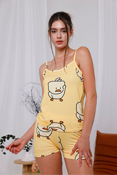 Arvin Pijama New Chick Baskılı Yumuşak Dokulu Kumaş Ip Askılı Şortlu Örme Pijama Takımı
