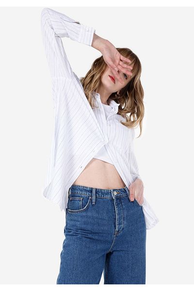 Colin's Relaxed Fit Shirt Neck Striped Women's White Long Sleeve Shirt