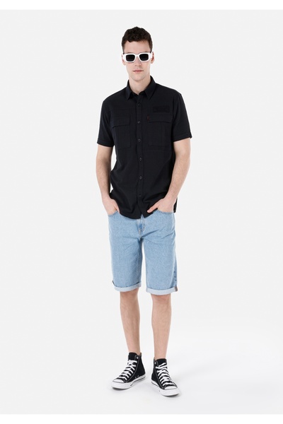 Colin's Regular Fit Shirt Neck Düz Erkek Siyah Kısa Kol Gömlek