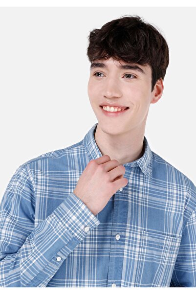 Colin's Regular Fit Shirt Yaka Kareli Mavi Erkek Uzun Kol Gömlek