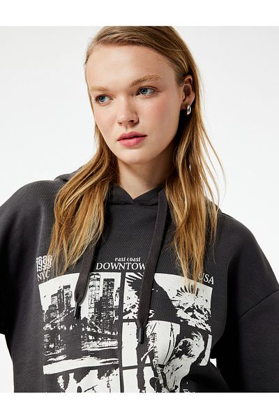 Koton Raised Long Sleeve Hooded Printed Oversize Sweatshirt